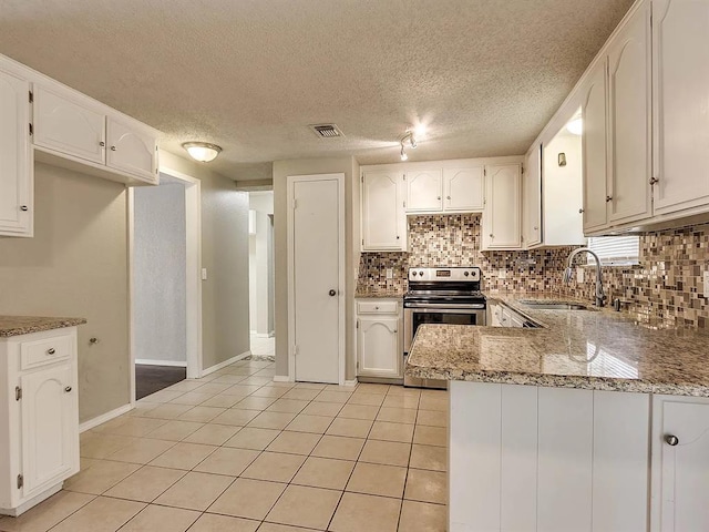 kitchen with stainless steel electric range oven, a sink, tasteful backsplash, a peninsula, and white cabinets
