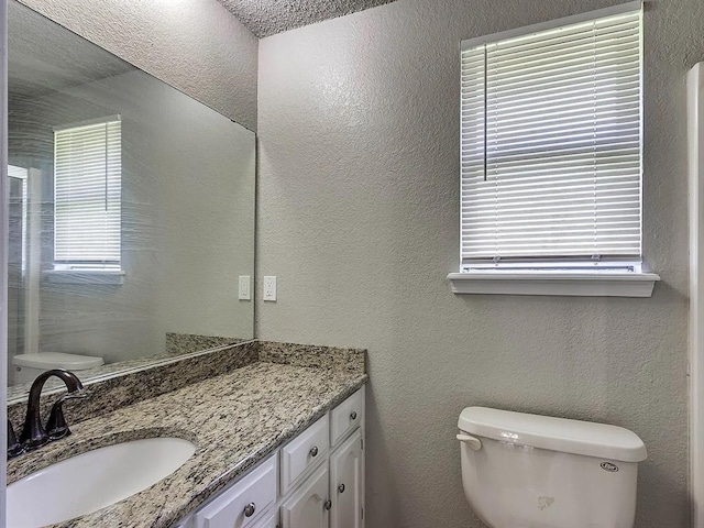 bathroom featuring toilet, a textured wall, and vanity
