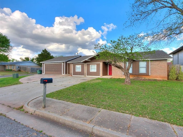 ranch-style home with concrete driveway, an attached garage, and brick siding