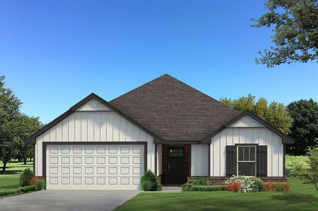 3041 Grapevine St, Edmond, OK 73034 - view of front of house with a shingled roof, an attached garage, driveway, and board and batten siding