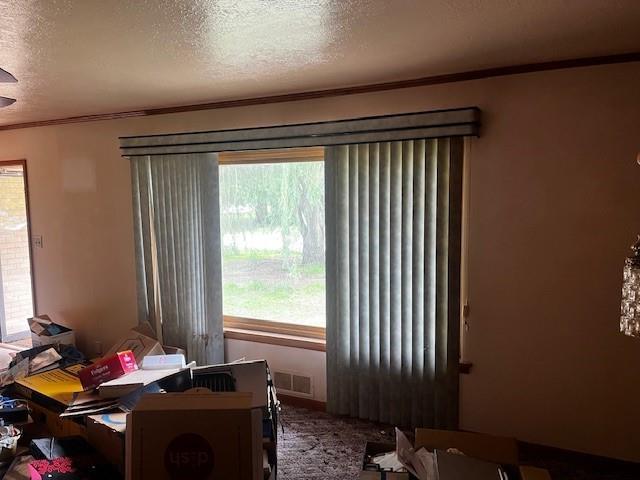 306 W Comanche St, Lindsay, OK 73052 - misc room with a textured ceiling, crown molding, and healthy amount of natural light