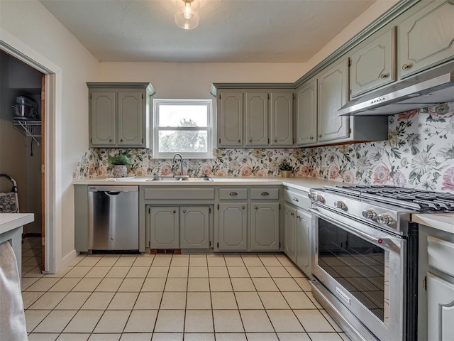 6401 Saddleback Dr, Oklahoma City, OK 73150 - kitchen featuring appliances with stainless steel finishes, a sink, gray cabinets, light countertops, and under cabinet range hood