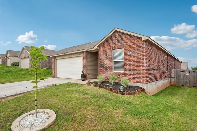 ranch-style home with brick siding, concrete driveway, and an attached garage