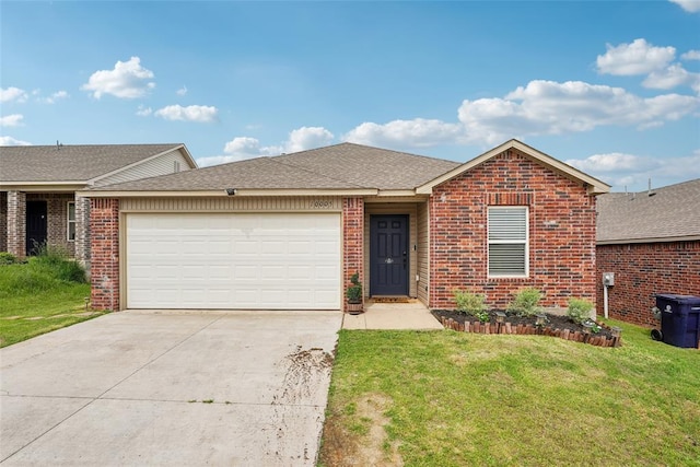 single story home featuring brick siding, an attached garage, concrete driveway, a front lawn, and roof with shingles
