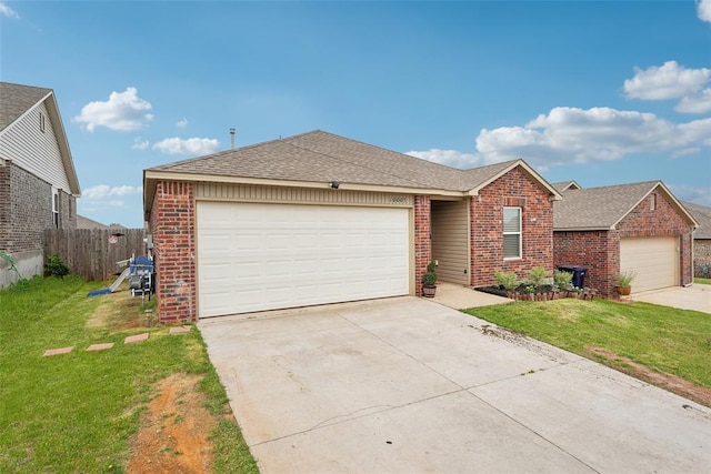ranch-style home featuring brick siding, roof with shingles, concrete driveway, and an attached garage