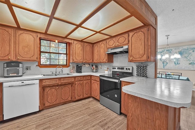 11402 N 1957th Rd, Elk City, OK 73644 - kitchen featuring white dishwasher, stainless steel range with electric stovetop, a sink, under cabinet range hood, and a peninsula