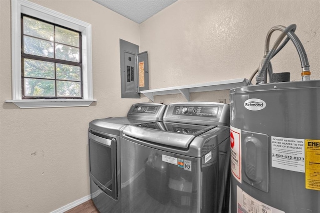 11402 N 1957th Rd, Elk City, OK 73644 - laundry room featuring electric water heater, separate washer and dryer, electric panel, a textured wall, and a textured ceiling