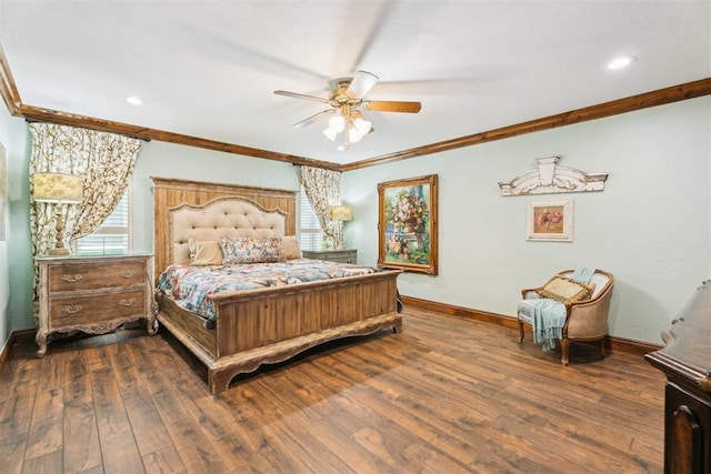 bedroom featuring baseboards, crown molding, dark wood-style floors, a ceiling fan, and recessed lighting