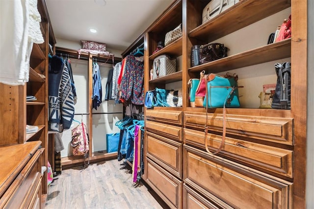 walk in closet with light wood-style floors