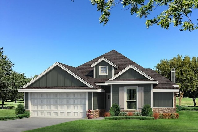 view of front of home featuring board and batten siding, a front lawn, an attached garage, driveway, and a chimney