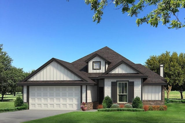 view of front of house with board and batten siding, brick siding, an attached garage, and a front yard