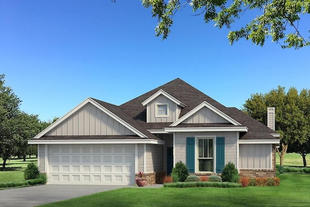 view of front facade with board and batten siding, a front lawn, an attached garage, driveway, and roof with shingles