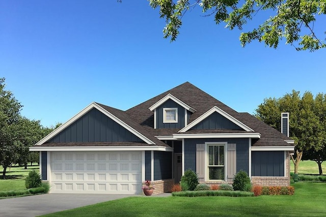 view of front facade with board and batten siding, a garage, a front yard, concrete driveway, and a chimney