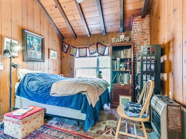 2321 Cashion Pl, Oklahoma City, OK 73112 - bedroom with wood ceiling, heating unit, and wooden walls