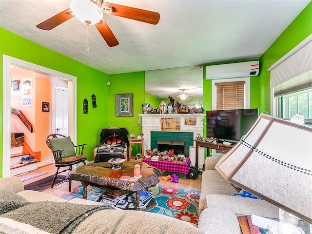 2321 Cashion Pl, Oklahoma City, OK 73112 - living room featuring a wall mounted air conditioner, wood finished floors, a ceiling fan, and a fireplace