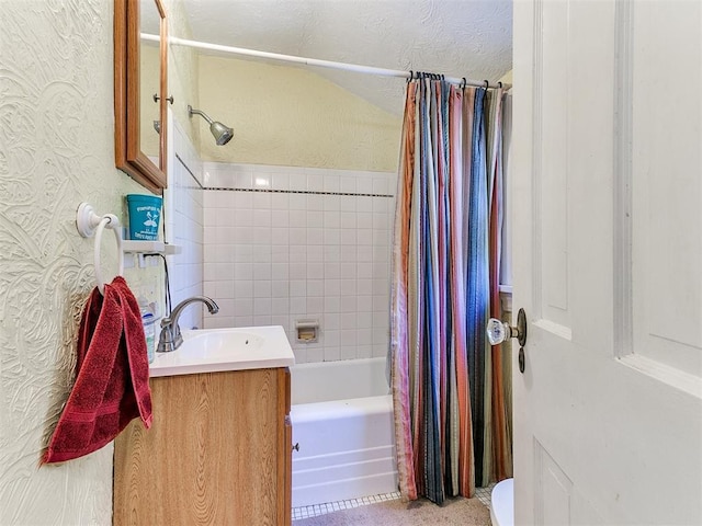 2321 Cashion Pl, Oklahoma City, OK 73112 - bathroom featuring shower / bath combo, vanity, toilet, and a textured ceiling