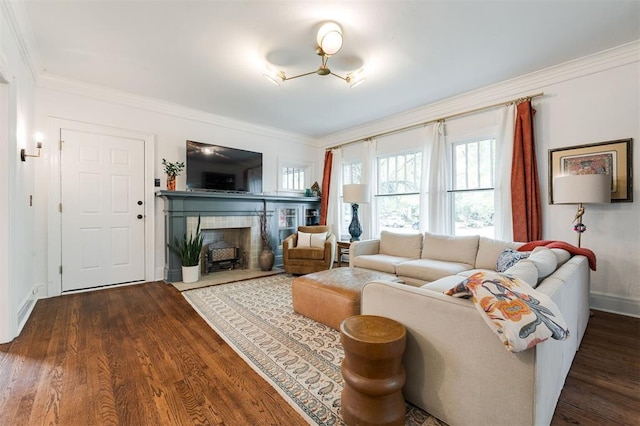 living area with crown molding, dark wood-style flooring, a fireplace, healthy amount of natural light, and baseboards