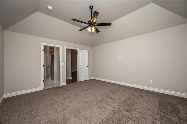 unfurnished bedroom with lofted ceiling, carpet flooring, baseboards, and ceiling fan