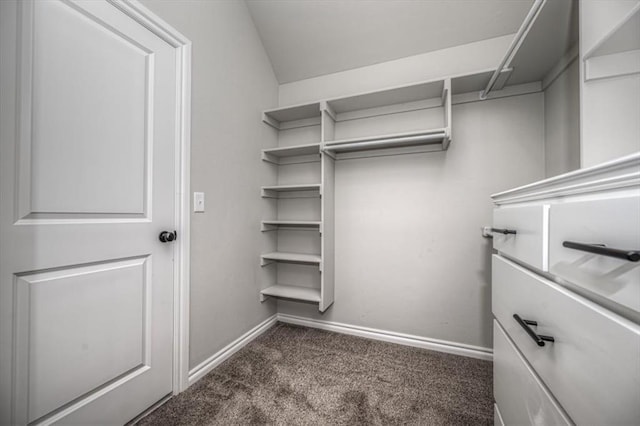 walk in closet with carpet and vaulted ceiling