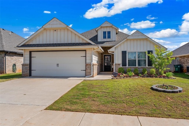 craftsman inspired home with board and batten siding, an attached garage, a front lawn, concrete driveway, and brick siding