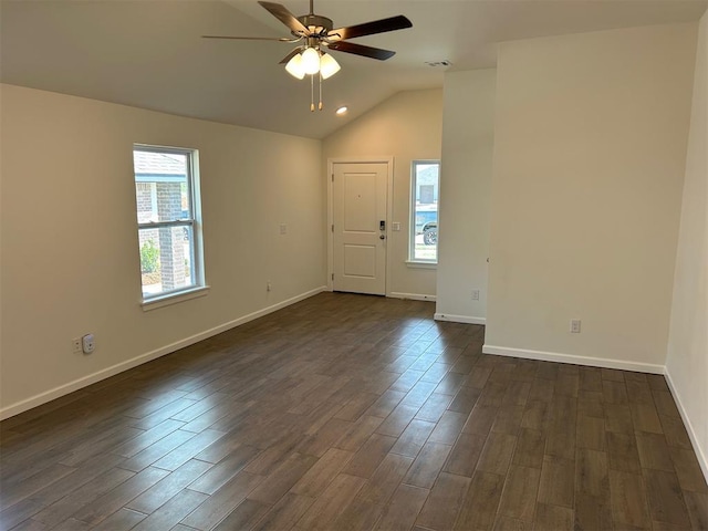 2933 NW 196th Pl, Edmond, OK 73012 - entryway featuring lofted ceiling, ceiling fan, dark wood-style floors, and baseboards