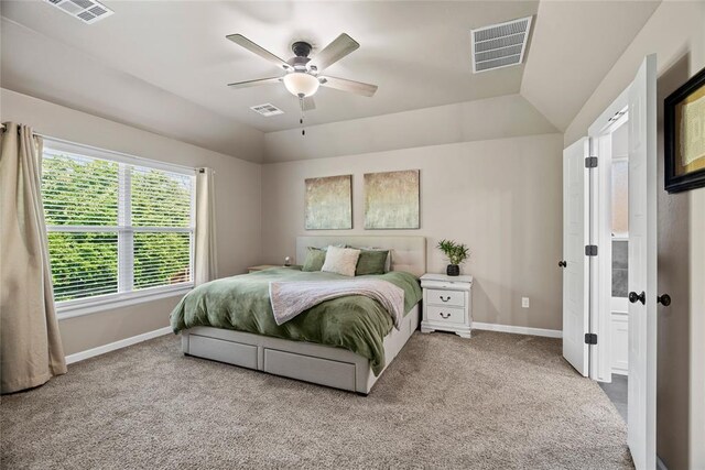2803 Redwood Ct, Newcastle, OK 73065 - bedroom with baseboards, carpet, vaulted ceiling, and ceiling fan