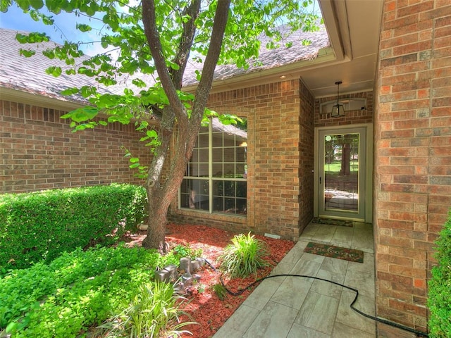 entrance to property featuring brick siding