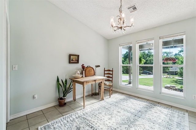 125 Creek Hollow Dr, Choctaw, OK 73020 - tiled office space featuring a chandelier, a textured ceiling, baseboards, and lofted ceiling