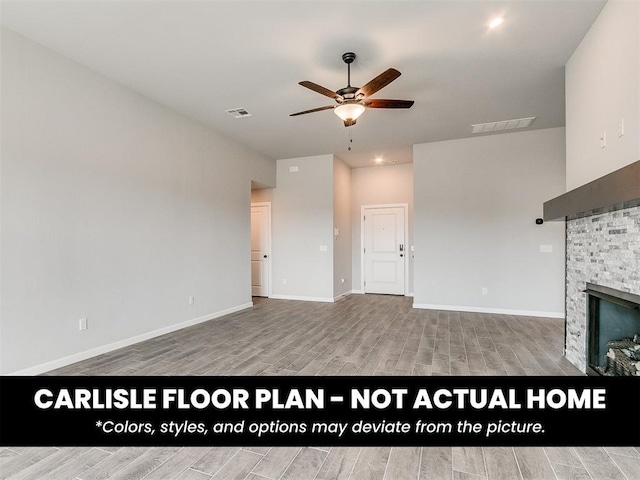 8517 NW 76th St, Oklahoma City, OK 73132 - unfurnished living room featuring a ceiling fan, wood finished floors, a fireplace, and baseboards