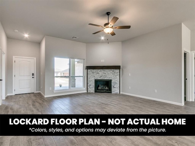 8609 NW 76th St, Oklahoma City, OK 73132 - unfurnished living room with ceiling fan, wood finished floors, baseboards, and a fireplace