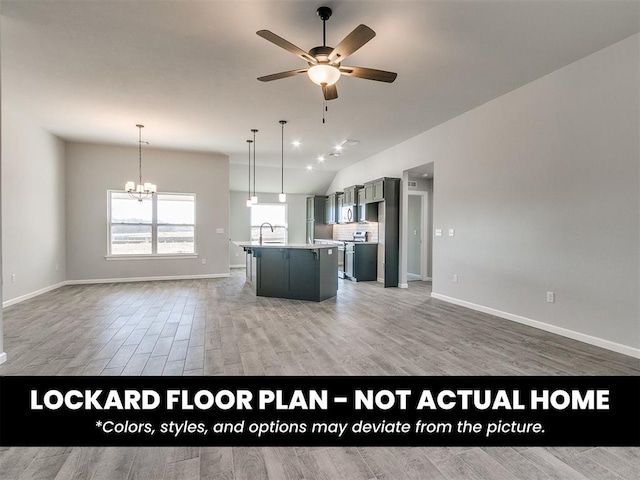 8609 NW 76th St, Oklahoma City, OK 73132 - kitchen with open floor plan, a ceiling fan, light wood-style floors, light countertops, and vaulted ceiling