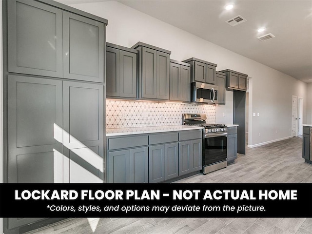 8609 NW 76th St, Oklahoma City, OK 73132 - kitchen with appliances with stainless steel finishes, backsplash, light countertops, and gray cabinets