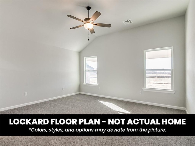 8609 NW 76th St, Oklahoma City, OK 73132 - carpeted empty room with a ceiling fan, vaulted ceiling, and baseboards