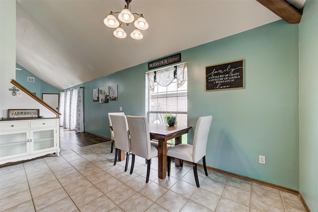 1312 SW 25th St, Moore, OK 73170 - dining area with lofted ceiling, a chandelier, baseboards, and light tile patterned floors