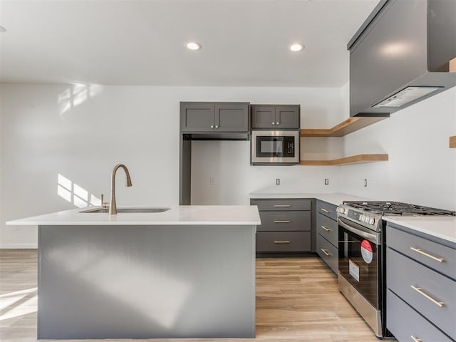 2812 Shoreridge Ave Unit 2812, Norman, OK 73072 - kitchen with stainless steel appliances, a sink, range hood, gray cabinets, and light wood-type flooring