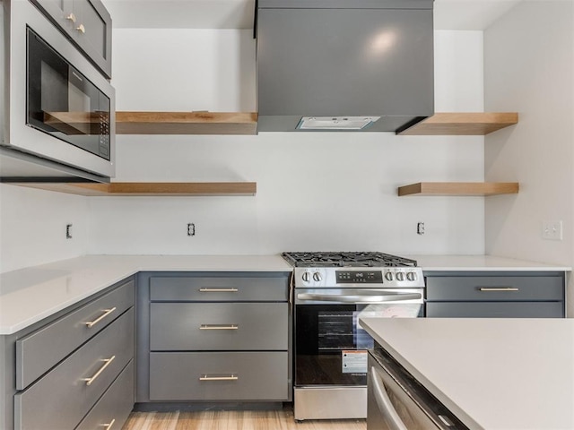 2812 Shoreridge Ave Unit 2812, Norman, OK 73072 - kitchen featuring open shelves, gray cabinetry, stainless steel gas range oven, built in microwave, and range hood
