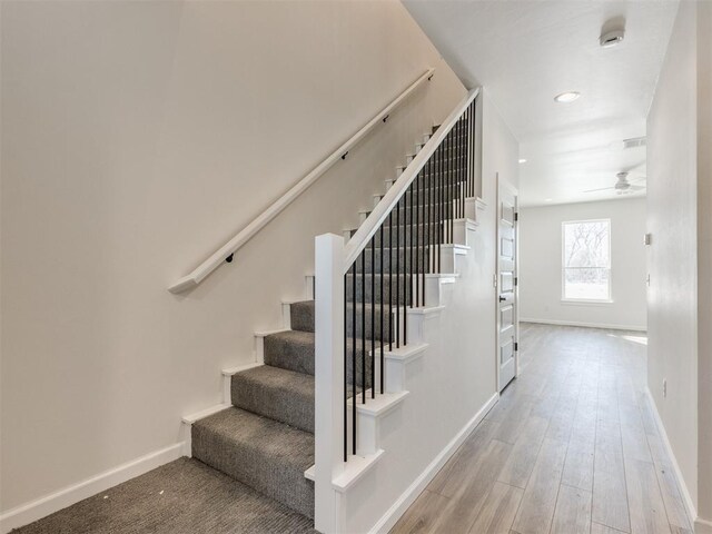 2812 Shoreridge Ave Unit 2812, Norman, OK 73072 - staircase featuring baseboards, a ceiling fan, wood finished floors, and recessed lighting