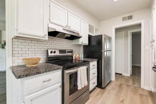 2424 Ashley Dr, The Village, OK 73120 - kitchen with under cabinet range hood, appliances with stainless steel finishes, white cabinets, and backsplash