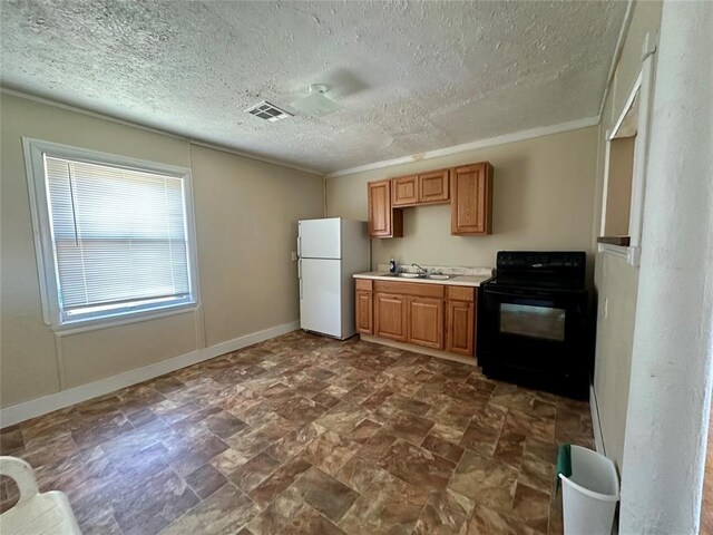 1137 E Chestnut St, Altus, OK 73521 - kitchen with black / electric stove, freestanding refrigerator, a sink, light countertops, and stone finish floors