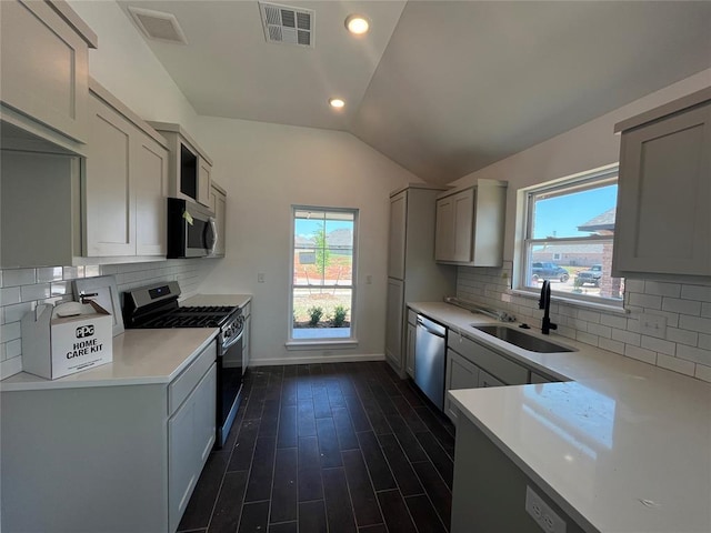 18121 Austin Ct, Edmond, OK 73012 - kitchen featuring appliances with stainless steel finishes, a sink, lofted ceiling, light countertops, and plenty of natural light