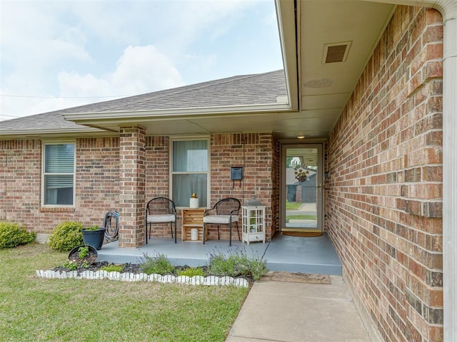 2009 Astoria Dr, Moore, OK 73160 - doorway to property with brick siding, roof with shingles, and a yard