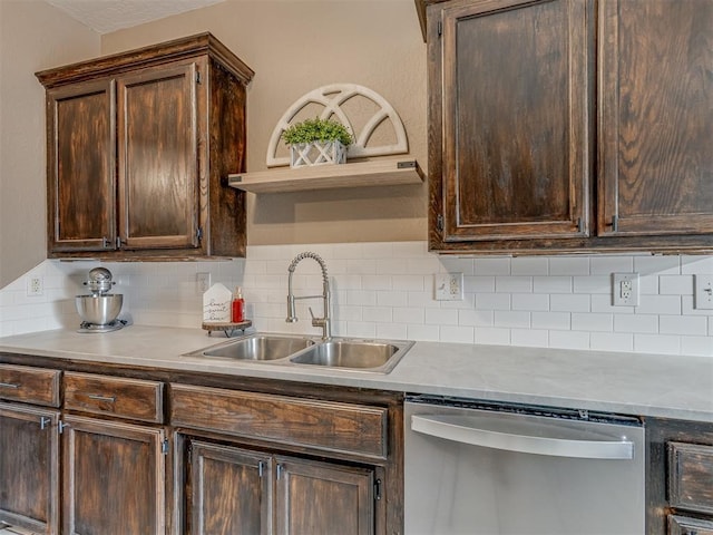 2009 Astoria Dr, Moore, OK 73160 - kitchen featuring stainless steel dishwasher, a sink, dark brown cabinets, and open shelves