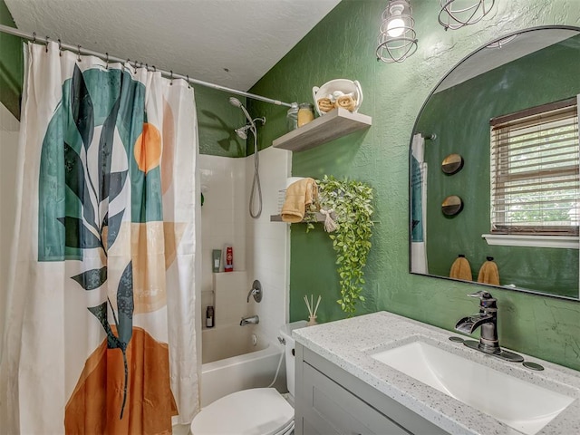 2009 Astoria Dr, Moore, OK 73160 - bathroom featuring a textured wall, shower / bath combo, vanity, toilet, and a textured ceiling