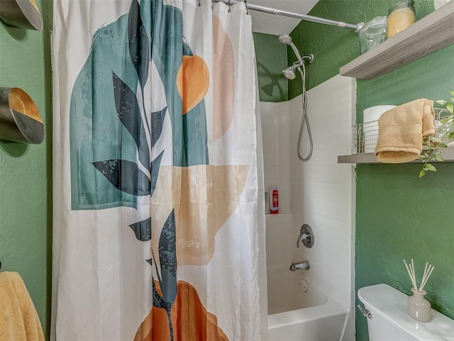 2009 Astoria Dr, Moore, OK 73160 - bathroom featuring shower / bathtub combination with curtain, a textured wall, and toilet