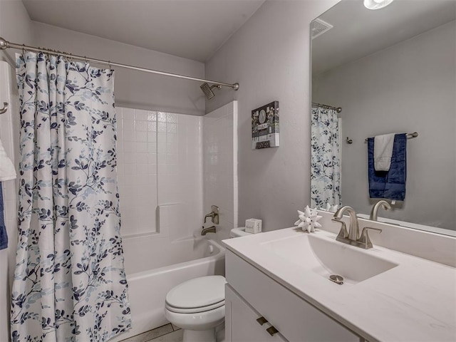9120 SW 46th St, Oklahoma City, OK 73179 - bathroom featuring toilet, vanity, and shower / bathtub combination with curtain