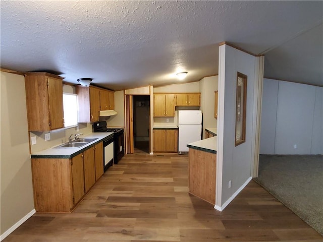 16110 Kings Rd, Shawnee, OK 74801 - kitchen with freestanding refrigerator, black gas range oven, under cabinet range hood, light wood-style flooring, and a textured ceiling