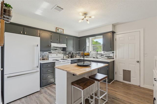 711 Spruce Dr, Yukon, OK 73099 - kitchen featuring white appliances, under cabinet range hood, a sink, light wood finished floors, and tasteful backsplash