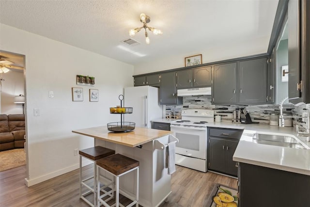 711 Spruce Dr, Yukon, OK 73099 - kitchen with white appliances, under cabinet range hood, light countertops, a sink, and wood finished floors