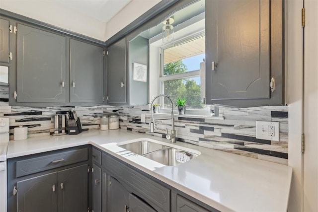 711 Spruce Dr, Yukon, OK 73099 - kitchen with a sink, backsplash, gray cabinetry, and light countertops
