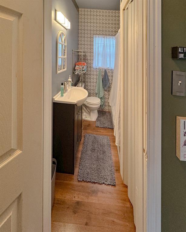 bathroom featuring wood finished floors, toilet, and vanity